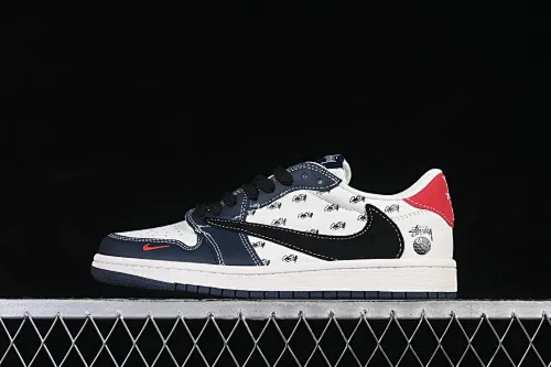 All categories Air Jordan Jordan series basketball shoes Air Jordan 1 Low High-end customized low-top sneakers Air Jordan 1 Low AJ1 Joe 1 Stusi co-branded off-white blue and red print High-end customized low-top retro basketball shoes JW1188-170